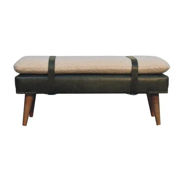 Alt view image 2 of 7 - Bouclé Buffalo Hide Olive Green Leather Bench, Nordic Legs,