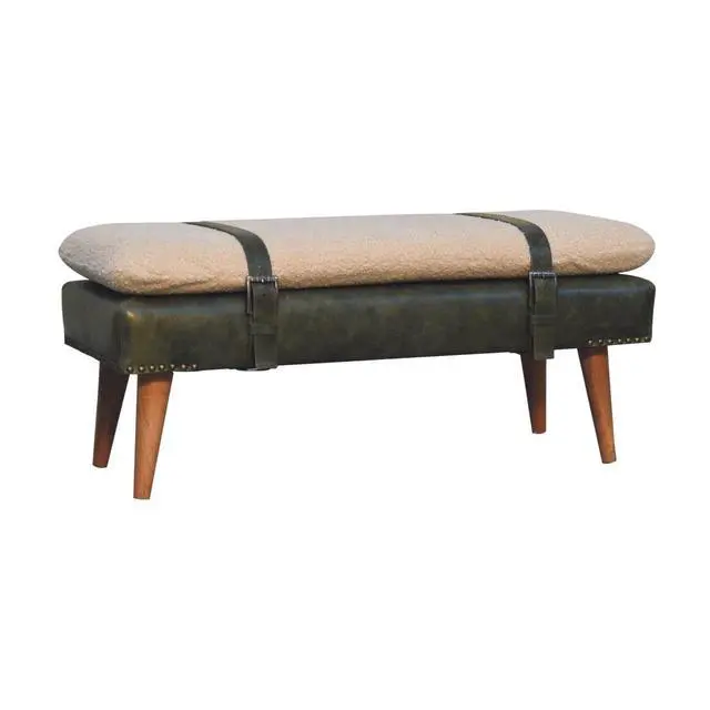 Alt view image 3 of 7 - Bouclé Buffalo Hide Olive Green Leather Bench, Nordic Legs,