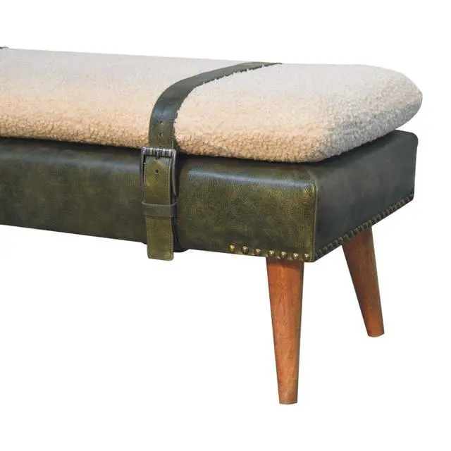 Alt view image 5 of 7 - Bouclé Buffalo Hide Olive Green Leather Bench, Nordic Legs,