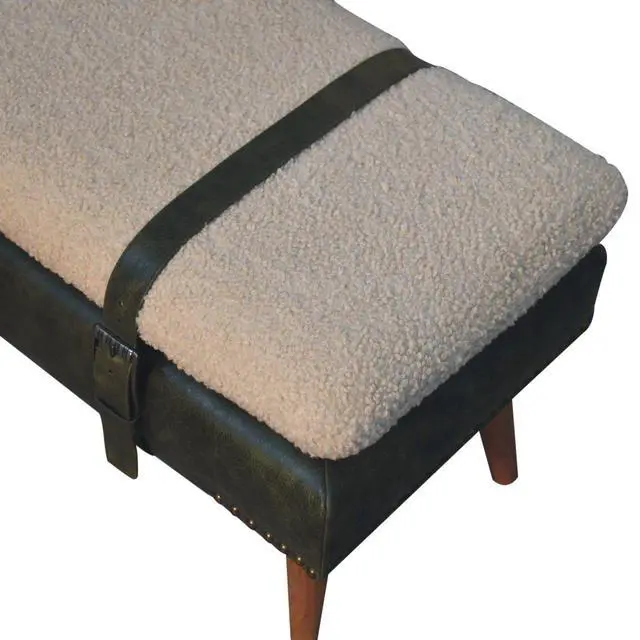 Alt view image 6 of 7 - Bouclé Buffalo Hide Olive Green Leather Bench, Nordic Legs,