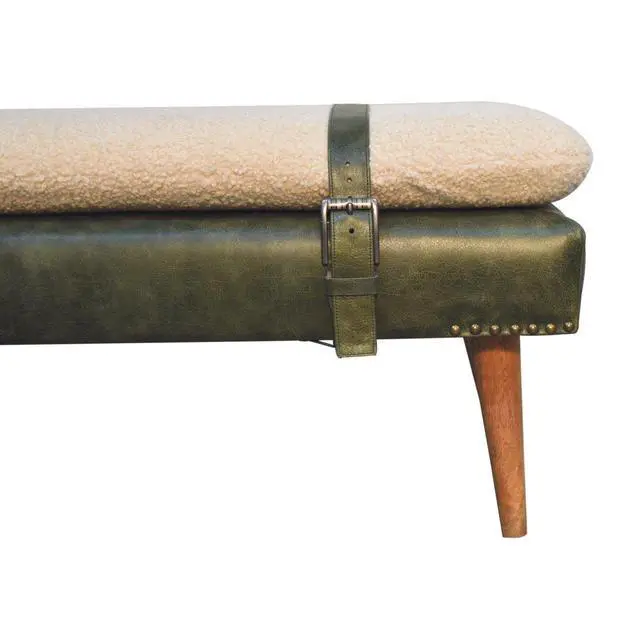 Alt view image 7 of 7 - Bouclé Buffalo Hide Olive Green Leather Bench, Nordic Legs,