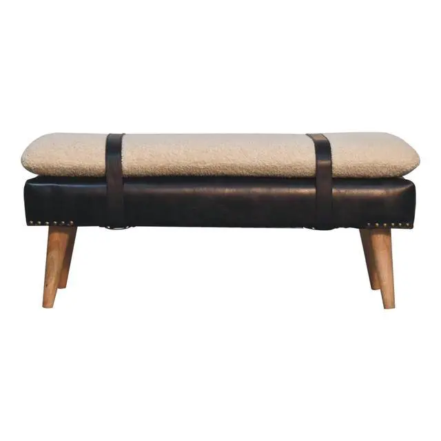 Alt view image 2 of 7 - Bouclé Buffalo Hide Black Leather Bench Upholstered, Nordic Legs, Beige and Black