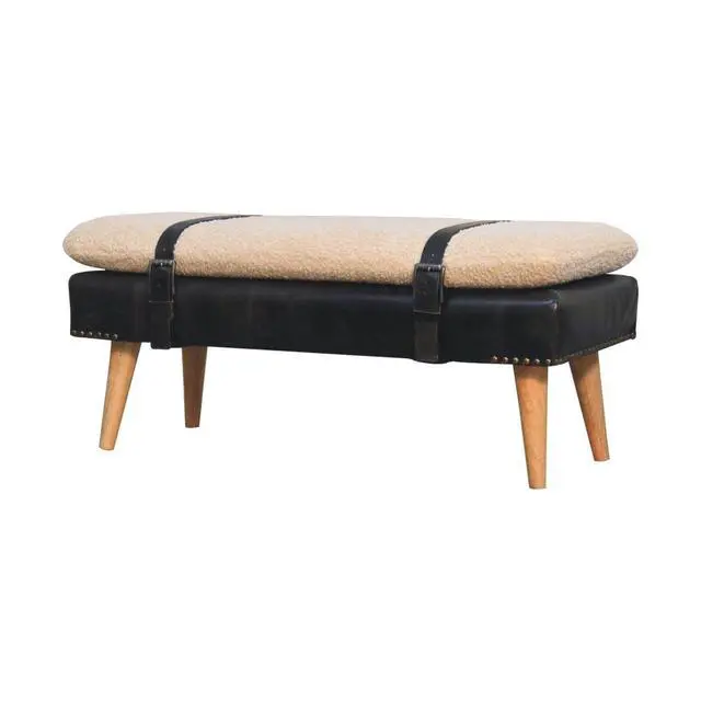 Alt view image 3 of 7 - Bouclé Buffalo Hide Black Leather Bench Upholstered, Nordic Legs, Beige and Black