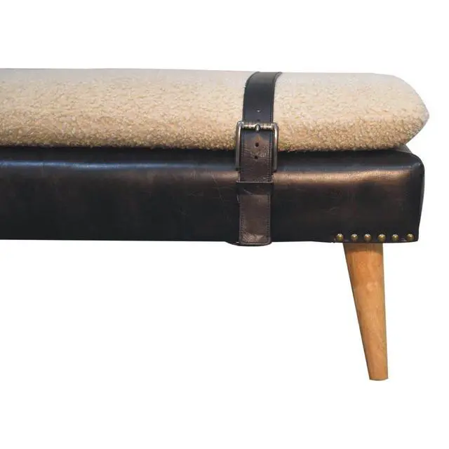 Alt view image 5 of 7 - Bouclé Buffalo Hide Black Leather Bench Upholstered, Nordic Legs, Beige and Black