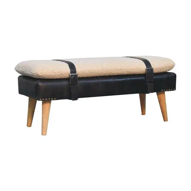 Alt view image 4 of 7 - Bouclé Buffalo Hide Black Leather Bench Upholstered, Nordic Legs, Beige and Black