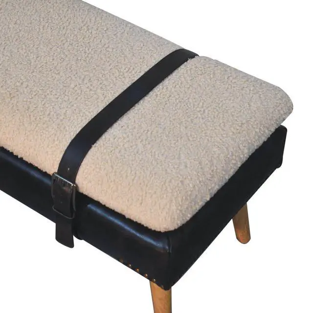 Alt view image 6 of 7 - Bouclé Buffalo Hide Black Leather Bench Upholstered, Nordic Legs, Beige and Black
