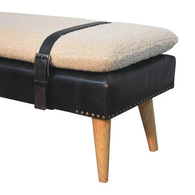 Alt view image 7 of 7 - Bouclé Buffalo Hide Black Leather Bench Upholstered, Nordic Legs, Beige and Black