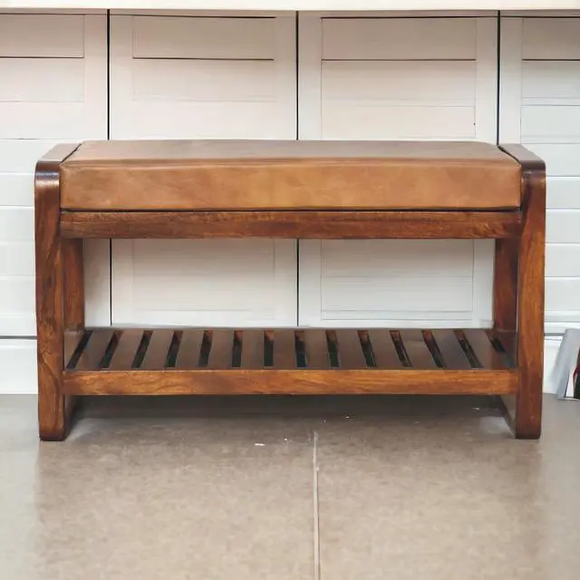 Main image of Solid Wood Small Buffalo Slatted Bench, Leather Upholstered, Open Storage, Tan and Brown
