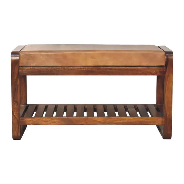 Alt view image 2 of 7 - Solid Wood Small Buffalo Slatted Bench, Leather Upholstered, Open Storage, Tan and Brown