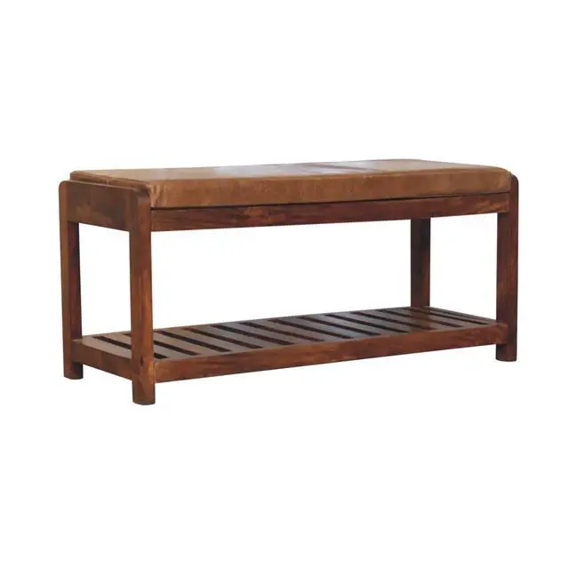 Alt view image 3 of 7 - Solid Wood Small Buffalo Slatted Bench, Leather Upholstered, Open Storage, Tan and Brown