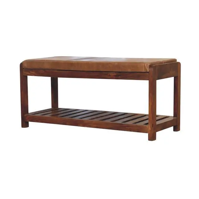 Alt view image 4 of 7 - Solid Wood Small Buffalo Slatted Bench, Leather Upholstered, Open Storage, Tan and Brown