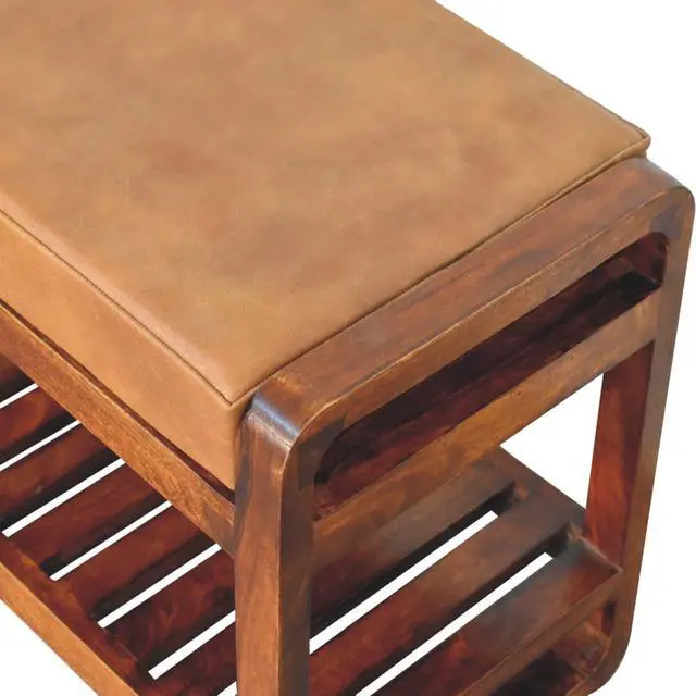 Alt view image 6 of 7 - Solid Wood Small Buffalo Slatted Bench, Leather Upholstered, Open Storage, Tan and Brown