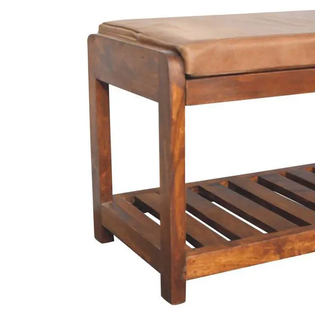 Alt view image 7 of 7 - Solid Wood Small Buffalo Slatted Bench, Leather Upholstered, Open Storage, Tan and Brown