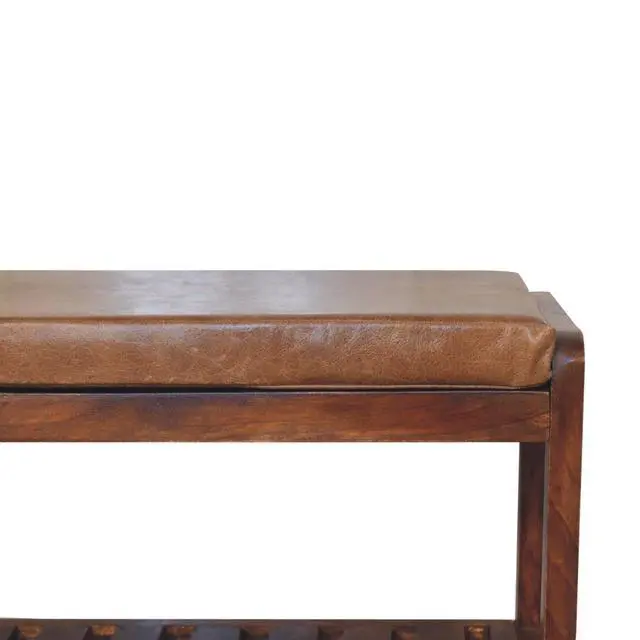 Alt view image 5 of 7 - Solid Wood Small Buffalo Slatted Bench, Leather Upholstered, Open Storage, Tan and Brown