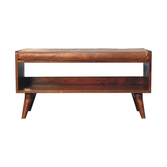 Alt view image 2 of 7 - Solid Wood Chestnut Bench with Leather Seat pad, Nordic Legs, Tan and Dark Brown