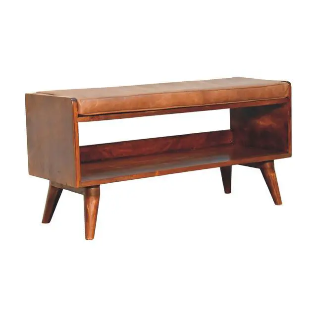 Alt view image 3 of 7 - Solid Wood Chestnut Bench with Leather Seat pad, Nordic Legs, Tan and Dark Brown