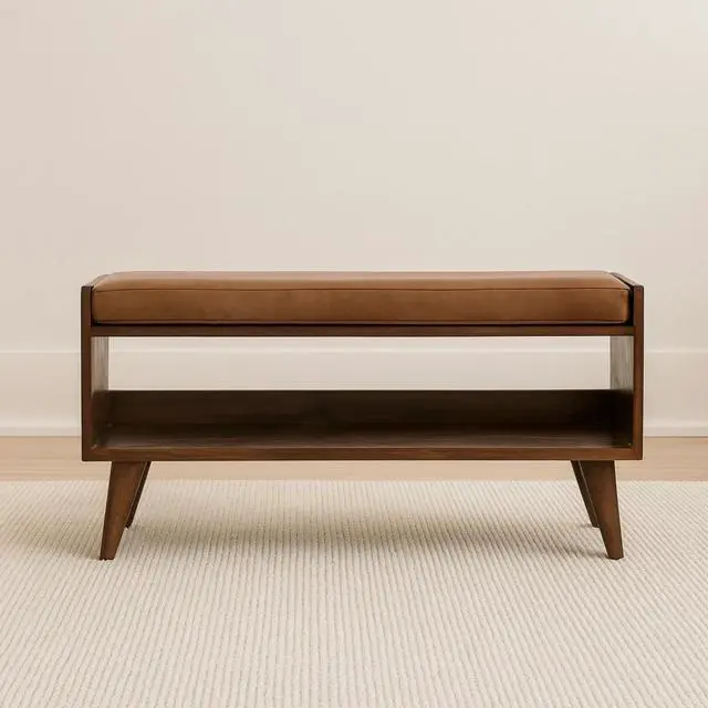 Main image of Solid Wood Chestnut Bench with Leather Seat pad, Nordic Legs, Tan and Dark Brown