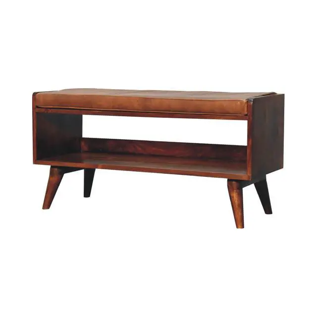 Alt view image 4 of 7 - Solid Wood Chestnut Bench with Leather Seat pad, Nordic Legs, Tan and Dark Brown