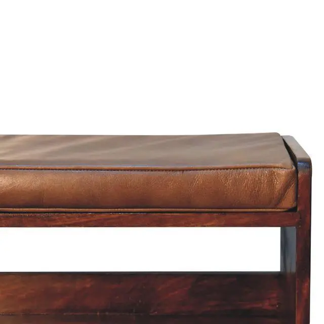 Alt view image 5 of 7 - Solid Wood Chestnut Bench with Leather Seat pad, Nordic Legs, Tan and Dark Brown