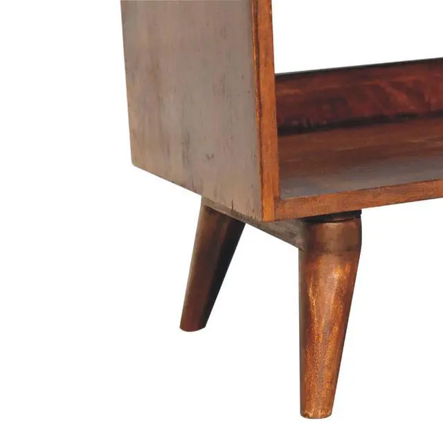 Alt view image 7 of 7 - Solid Wood Chestnut Bench with Leather Seat pad, Nordic Legs, Tan and Dark Brown