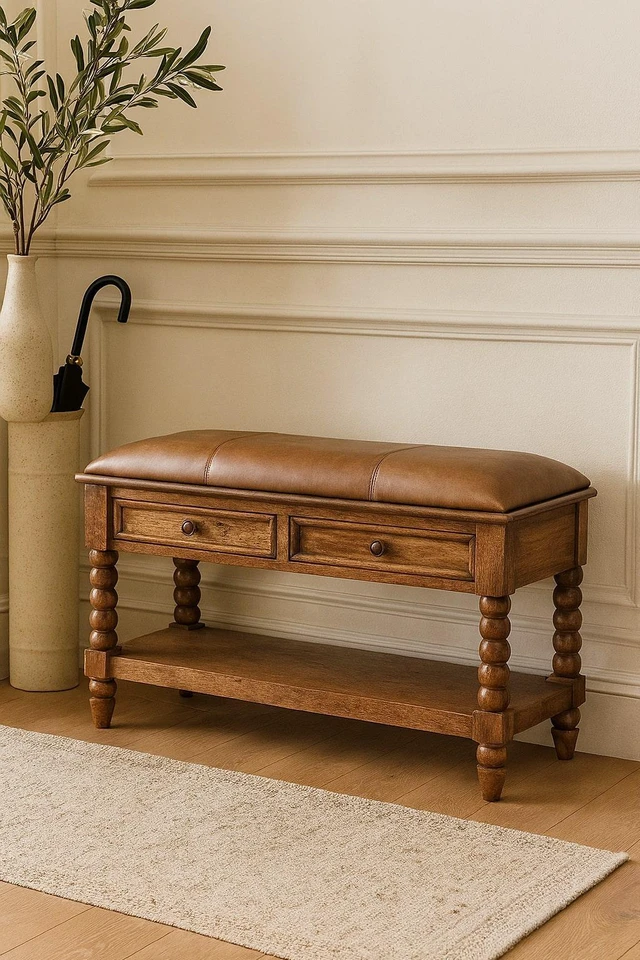 Main image of Solid Wood Leather Spindle Bench,Leather,2-Drawer,1-Shelf