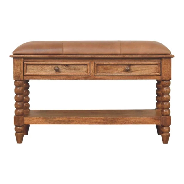 Alt view image 2 of 7 - Solid Wood Leather Spindle Bench,Leather,2-Drawer,1-Shelf