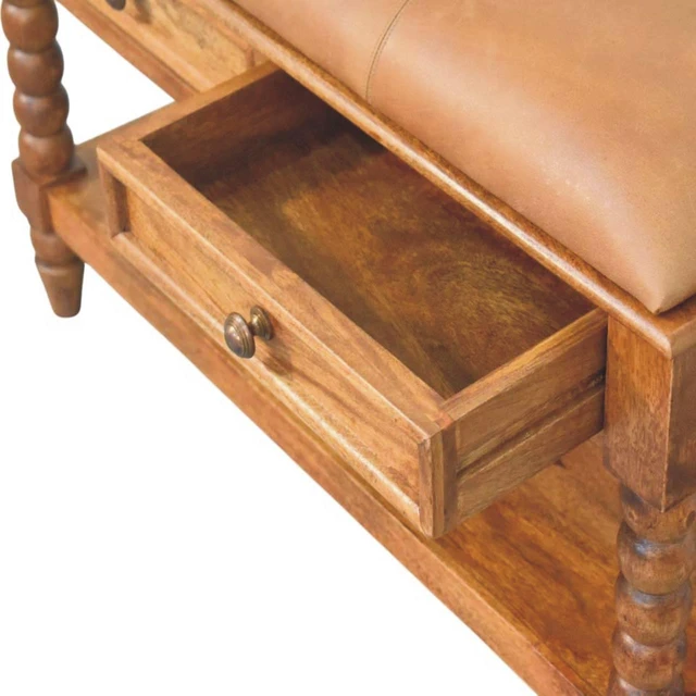 Alt view image 3 of 7 - Solid Wood Leather Spindle Bench,Leather,2-Drawer,1-Shelf