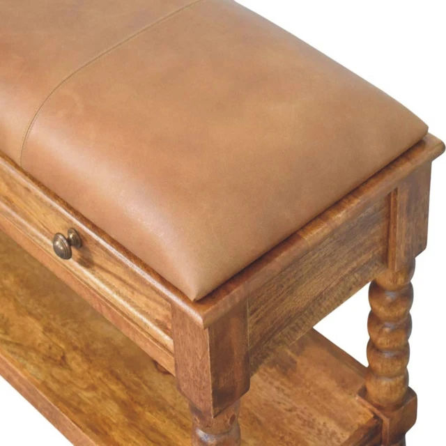 Alt view image 4 of 7 - Solid Wood Leather Spindle Bench,Leather,2-Drawer,1-Shelf