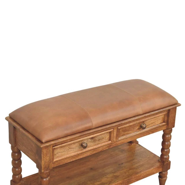 Alt view image 5 of 7 - Solid Wood Leather Spindle Bench,Leather,2-Drawer,1-Shelf