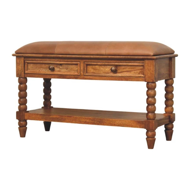 Alt view image 6 of 7 - Solid Wood Leather Spindle Bench,Leather,2-Drawer,1-Shelf