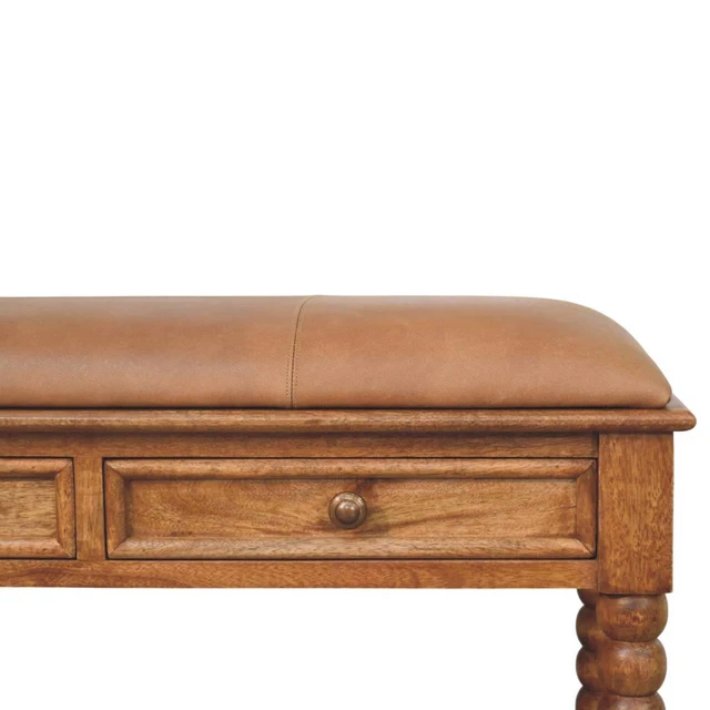 Alt view image 7 of 7 - Solid Wood Leather Spindle Bench,Leather,2-Drawer,1-Shelf