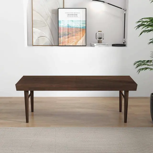 Alt view image 4 of 7 - Mia Mid Century Modern Solid Wood Bench with Natural Walnut Stain Finish 15.5'' H x 47.2'' W x 18.1'' D for Living Room, Hallway, Bedroom, Bathroom