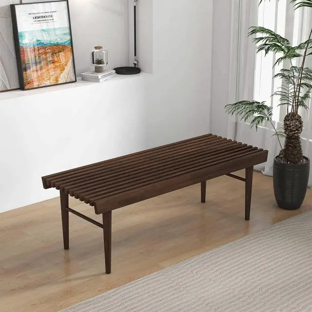 Alt view image 2 of 7 - Mia Mid Century Modern Solid Wood Bench with Natural Walnut Stain Finish 15.5'' H x 47.2'' W x 18.1'' D for Living Room, Hallway, Bedroom, Bathroom