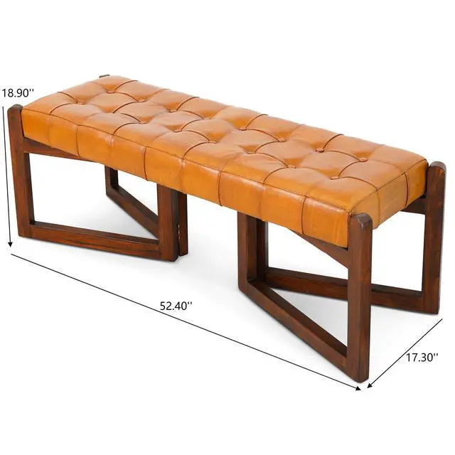 Alt view image 3 of 7 - Mid-Century Riley Tan Bedroom Leather Bench with Solid Wood Frame and Tapered Legs 18.9"H x 52.4"W x 17.3"D for Entryway Dining Room Living Room Bedroom End of Bed