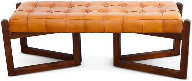 Main image of Mid-Century Riley Tan Bedroom Leather Bench with Solid Wood Frame and Tapered Legs 18.9"H x 52.4"W x 17.3"D for Entryway Dining Room Living Room Bedroom End of Bed