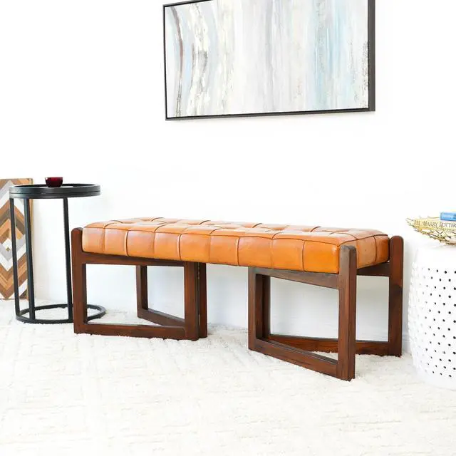 Alt view image 7 of 7 - Mid-Century Riley Tan Bedroom Leather Bench with Solid Wood Frame and Tapered Legs 18.9"H x 52.4"W x 17.3"D for Entryway Dining Room Living Room Bedroom End of Bed