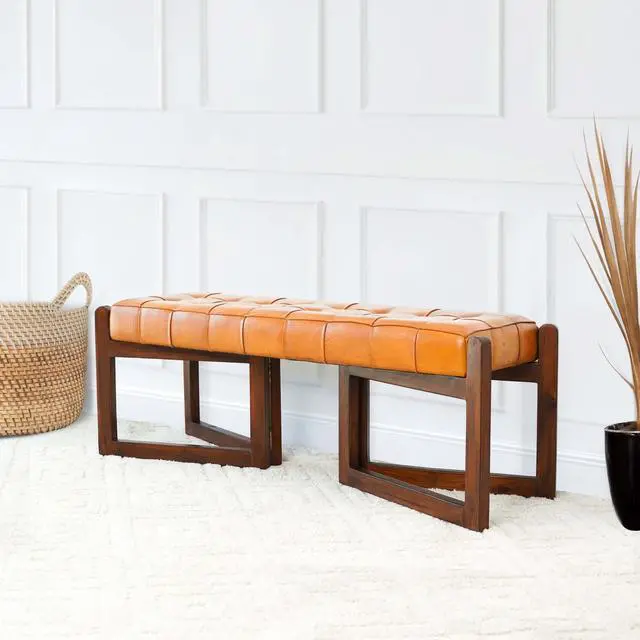 Alt view image 4 of 7 - Mid-Century Riley Tan Bedroom Leather Bench with Solid Wood Frame and Tapered Legs 18.9"H x 52.4"W x 17.3"D for Entryway Dining Room Living Room Bedroom End of Bed