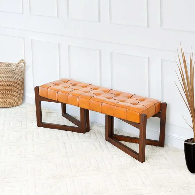 Alt view image 2 of 7 - Mid-Century Riley Tan Bedroom Leather Bench with Solid Wood Frame and Tapered Legs 18.9"H x 52.4"W x 17.3"D for Entryway Dining Room Living Room Bedroom End of Bed