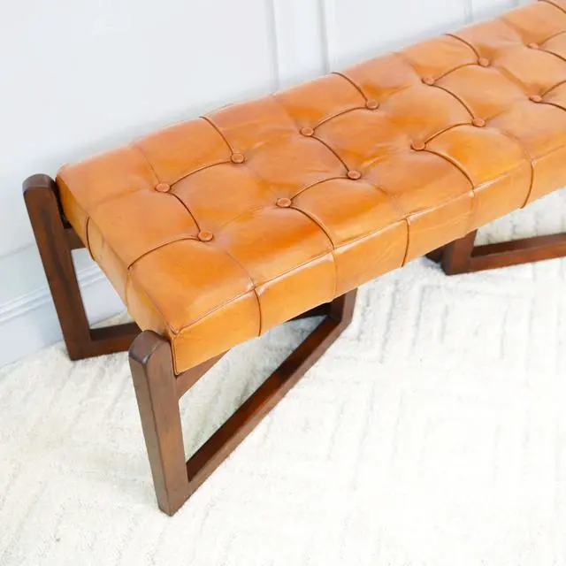 Alt view image 6 of 7 - Mid-Century Riley Tan Bedroom Leather Bench with Solid Wood Frame and Tapered Legs 18.9"H x 52.4"W x 17.3"D for Entryway Dining Room Living Room Bedroom End of Bed