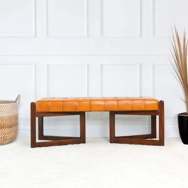 Alt view image 5 of 7 - Mid-Century Riley Tan Bedroom Leather Bench with Solid Wood Frame and Tapered Legs 18.9"H x 52.4"W x 17.3"D for Entryway Dining Room Living Room Bedroom End of Bed