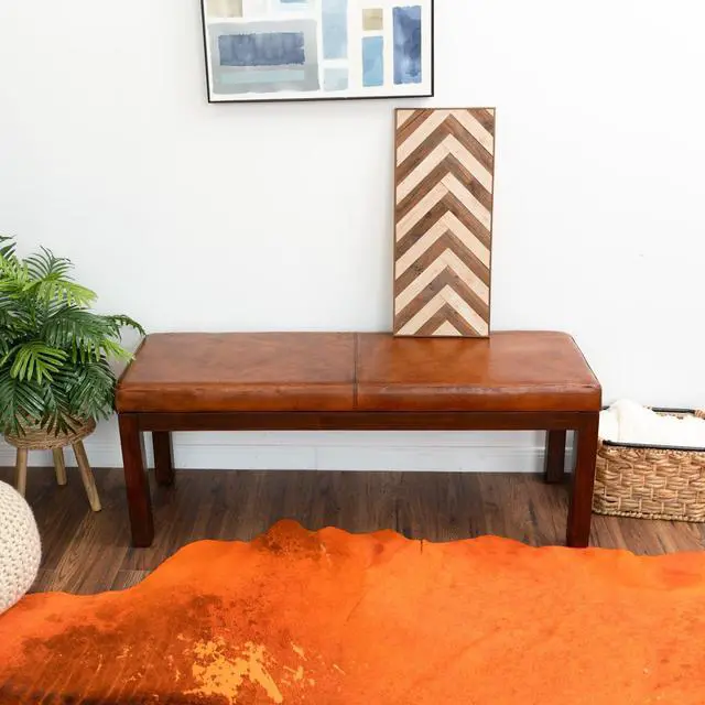 Alt view image 2 of 7 - Austin Antique Tan Leather Bench with Lines