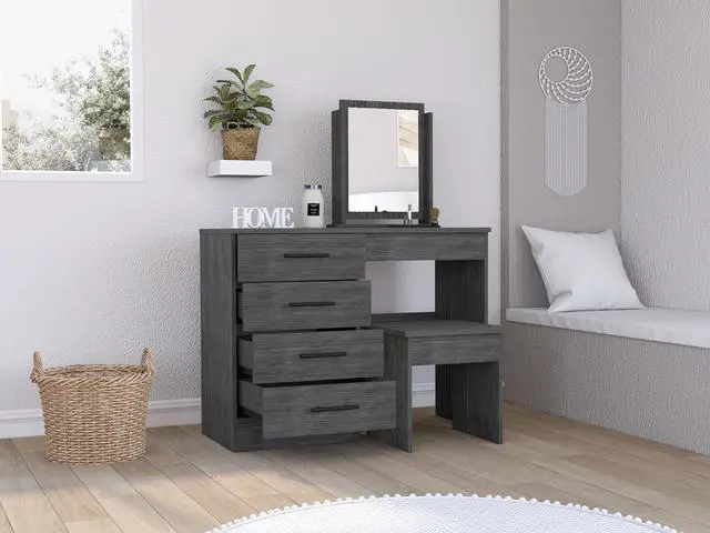 Alt view image 4 of 7 - Kaia Makeup Vanity, Four Drawers, One Mirror, Stool -Smokey Oak