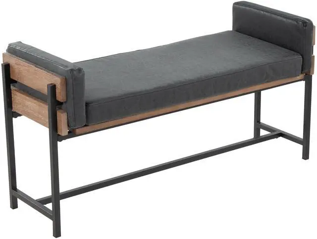 Main image of 18" Bench with Black Metal, Brown Wood and Black Faux Leather