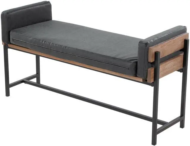 Alt view image 3 of 5 - 18" Bench with Black Metal, Brown Wood and Black Faux Leather