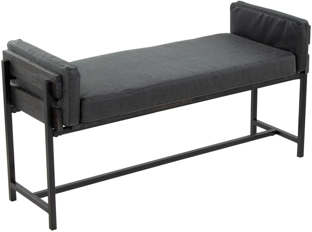 Main image of 18" Bench with Black Metal, Grey Wood and Black Faux Leather