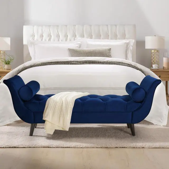 Main image of Alma Tufted Flared Arm Entryway Bench, Navy Blue Velvet