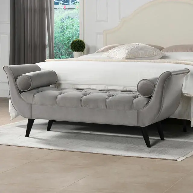 Main image of Alma Tufted Flared Arm Entryway Bench, Opal Grey Velvet