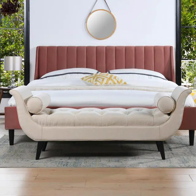 Main image of Alma Tufted Flared Arm Entryway Bench, Sky Neutral Beige Polyester