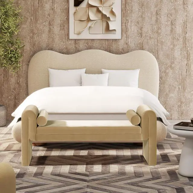 Alt view image 7 of 7 - Mason 60.5" Arched Arm Bench with Bolster Pillows, Camel Brown Beige Performance Velvet