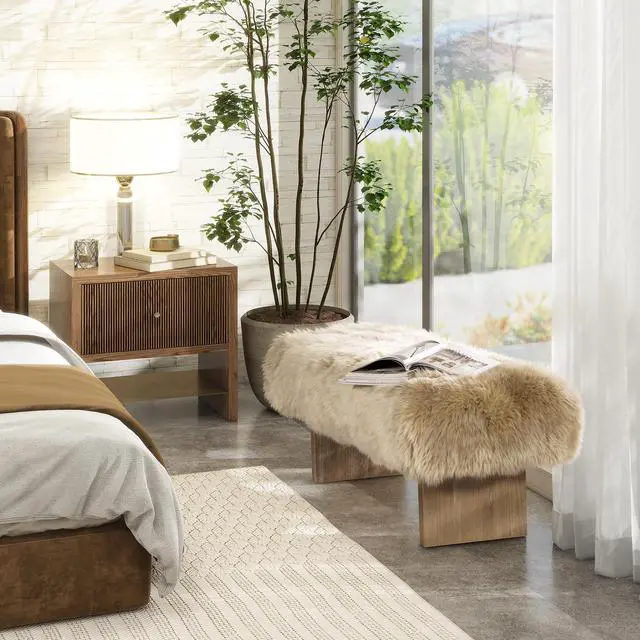 Alt view image 2 of 7 - Leda 49" Sheepskin Fur Rectangular Accent Bench, Natural Blonde Genuine Fur